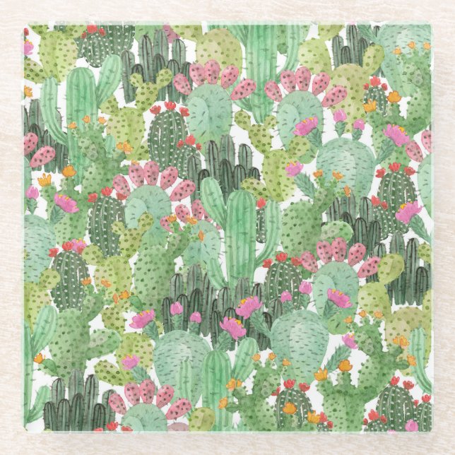 Hand Painted Cactus: Desert Green Glass Coaster (Front)