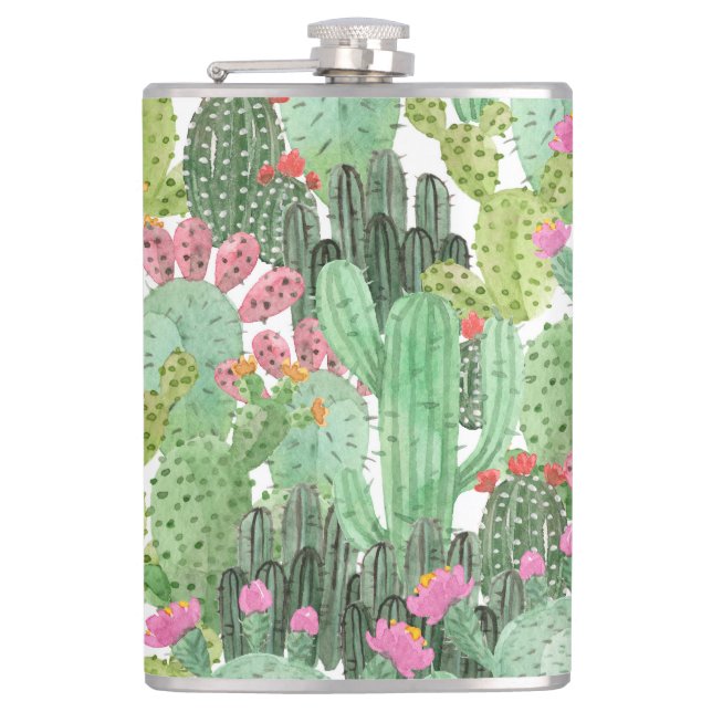 Hand Painted Cactus: Desert Green Hip Flask (Front)