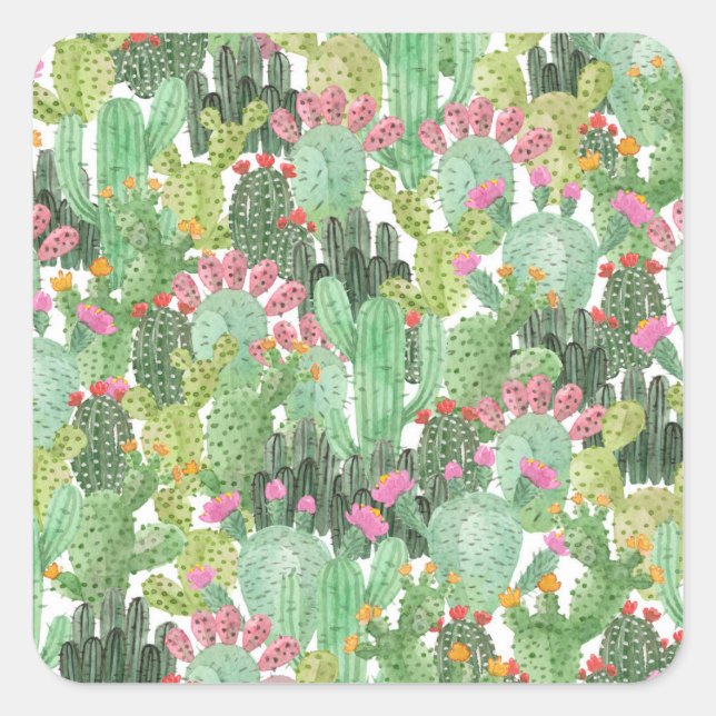 Hand Painted Cactus: Desert Green Square Sticker (Front)