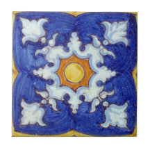 Hand Painted Ceramic Tile w/ Blues & Yellow