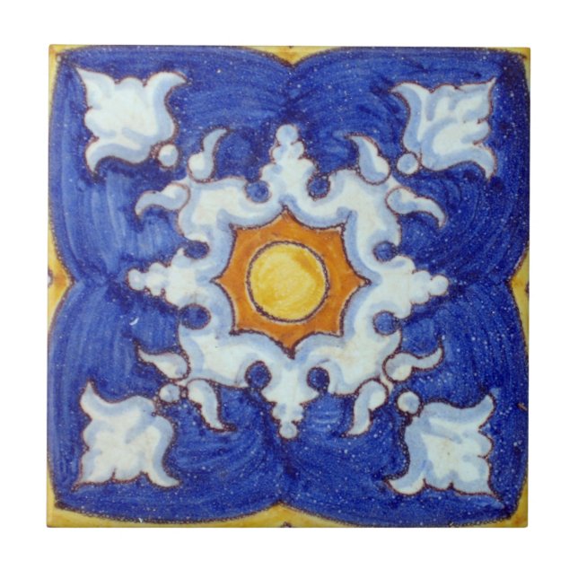 Hand Painted Ceramic Tile w/ Blues & Yellow (Front)