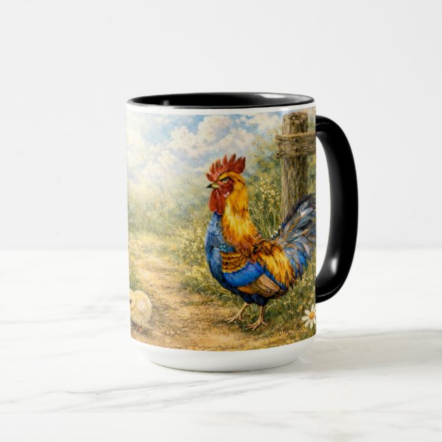 Hand-Painted Chicken & Chicks and Rooster Mug (Front Right)