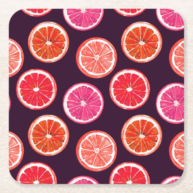 Hand Painted Citrus Dark Pattern Square Paper Coaster (Front)