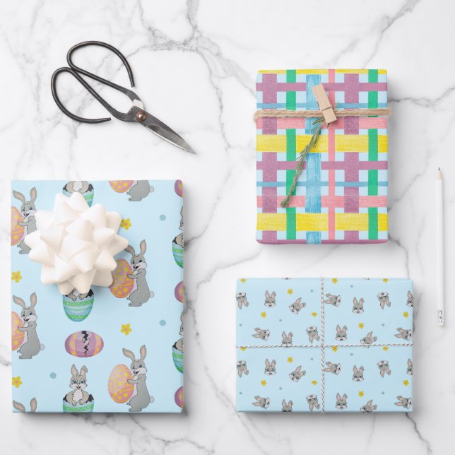 Hand painted Easter bunny and egg patterned Wrapping Paper Sheet (Front)