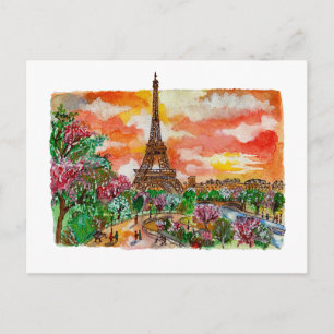 Hand Painted Eiffel Tower Paris Watercolor Art Postcard