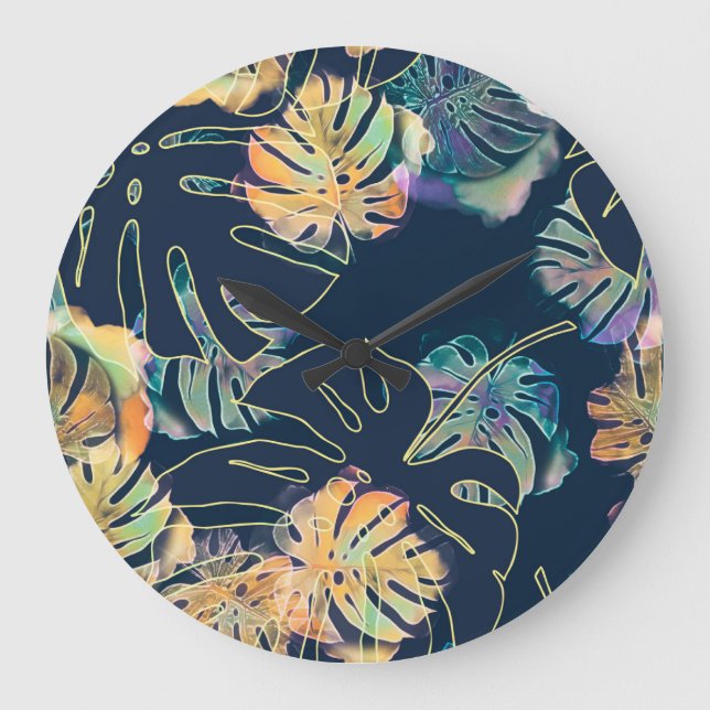 Hand-painted exotic leaves: seamless pattern. large clock (Front)