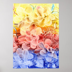 Hand Painted Fantasy Floral Art - Yellow Red Blue  Poster
