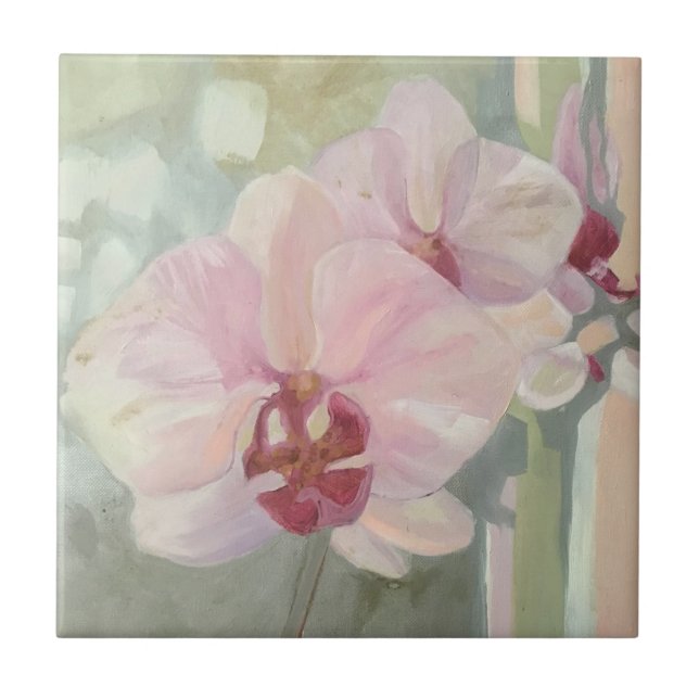 Hand painted floral orchid elegant pastel colours ceramic tile (Front)