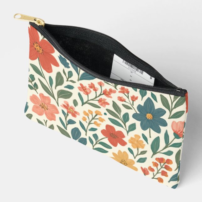 Hand-Painted Floral Pattern – Colourful Botanical  Accessory Pouch (Open)