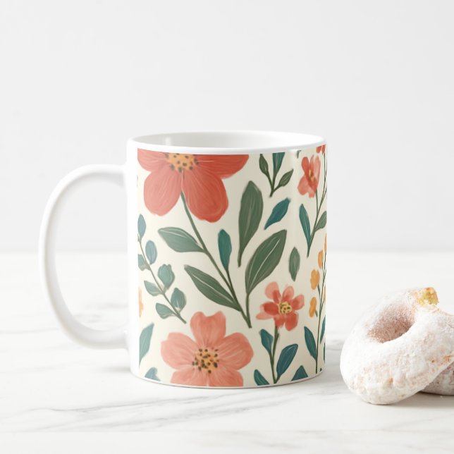 Hand-Painted Floral Pattern – Colourful Botanical  Coffee Mug (With Donut)