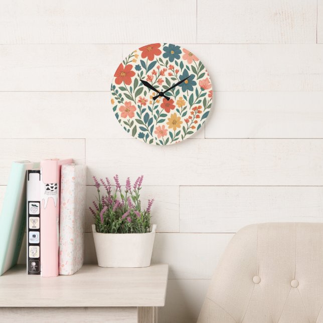 Hand-Painted Floral Pattern – Colourful Botanical  Large Clock (Reading Room)