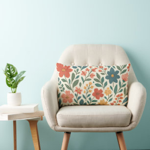 Hand-Painted Floral Pattern – Colourful Botanical Lumbar Cushion