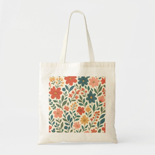 Hand-Painted Floral Pattern – Colourful Botanical  Tote Bag (Front)