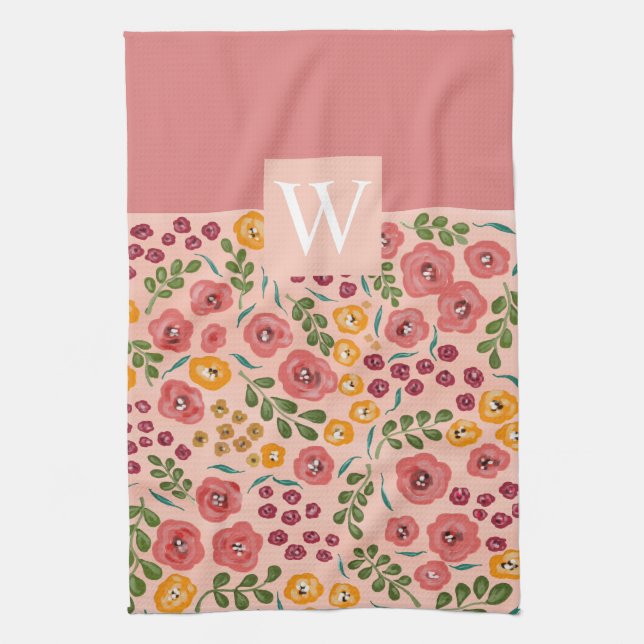  Hand-painted Floral Pink Red Name Monogram Tea Towel (Vertical)