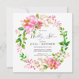 Hand Painted Floral Pink Wreath Wedding Shower Invitation