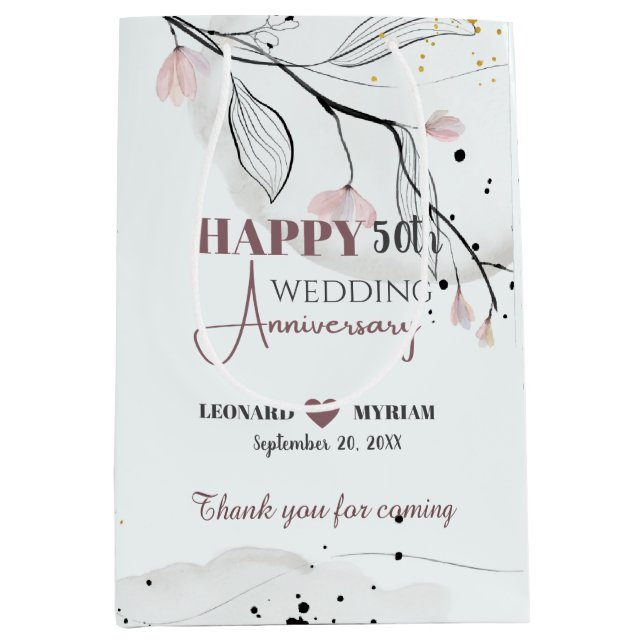 Hand Painted Floral Wedding Anniversary Thank You Medium Gift Bag (Front)