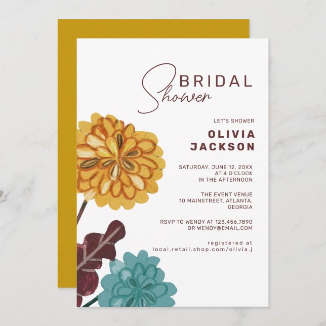 Hand painted flower yellow bridal shower inv invitation (Front/Back)