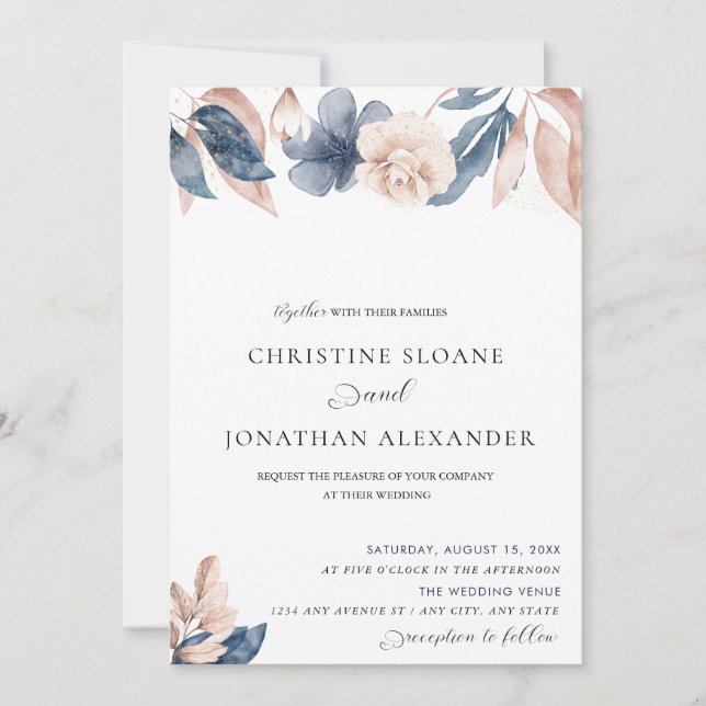 Hand Painted Flowers | Blush and Blue Wedding  Invitation (Front)