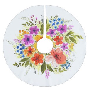 Hand-painted flowers, bright watercolor bouquet. brushed polyester tree skirt