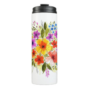 Hand-painted flowers, bright watercolor bouquet. thermal tumbler