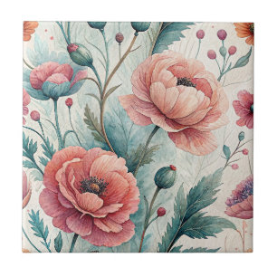 Hand Painted Flowers - Coral & Sage Floral Garden Ceramic Tile