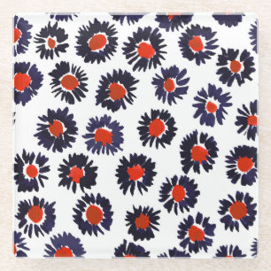 Hand-painted flowers, red and blue pattern. glass coaster