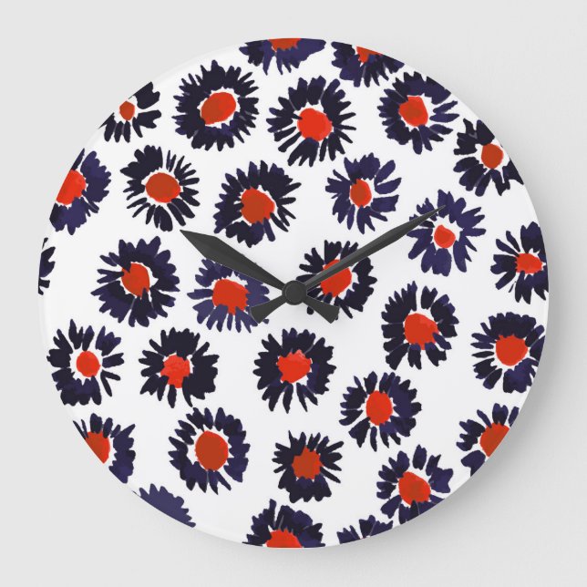 Hand-painted flowers, red and blue pattern. large clock (Front)