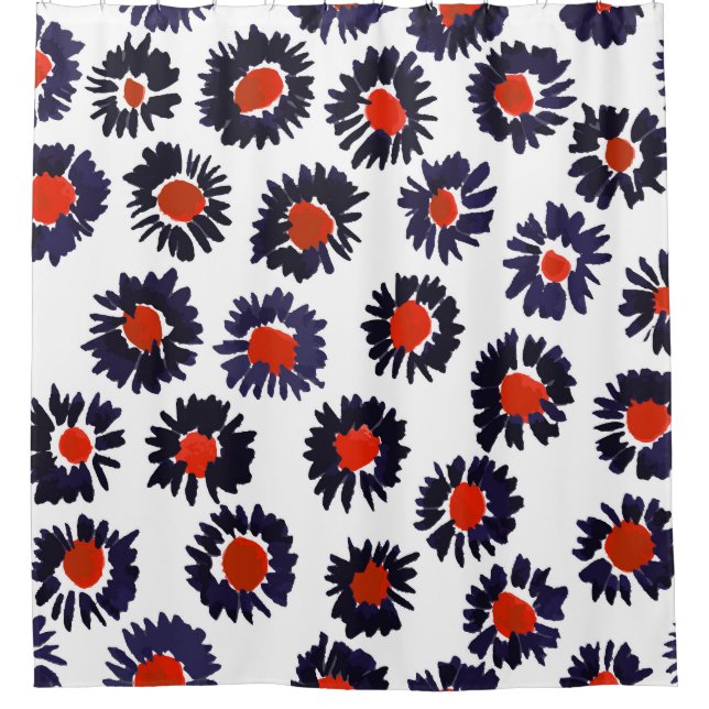 Hand-painted flowers, red and blue pattern. shower curtain (Front)