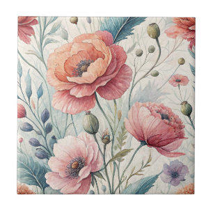 Hand Painted Flowers - Sage & Coral Floral Design Ceramic Tile