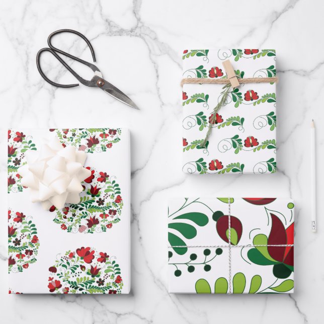 Hand Painted Folk Floral Design Wrapping Paper Sheet (Front)