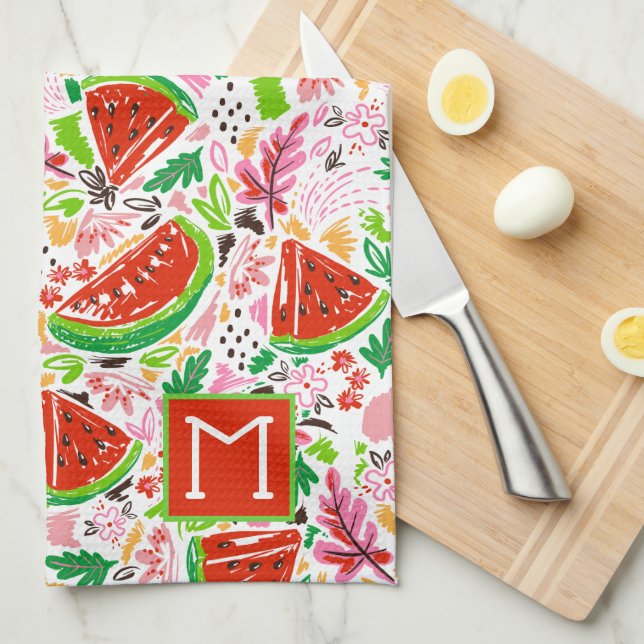 Hand Painted Fruit Pattern Monogram  Tea Towel (Quarter Fold)