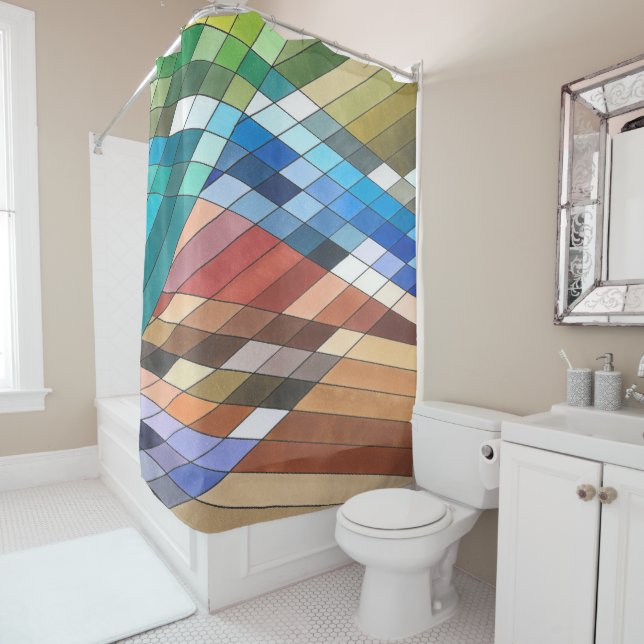 Hand Painted Geometric Abstract Pattern Shower Curtain (In Situ)