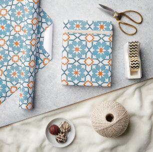 Hand painted geometric aqua blue moroccan ethnic wrapping paper