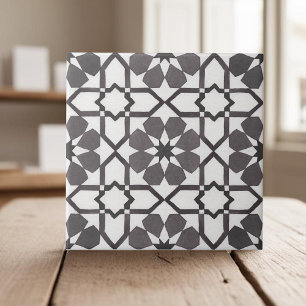 Hand painted geometric black white moroccan ethnic ceramic tile