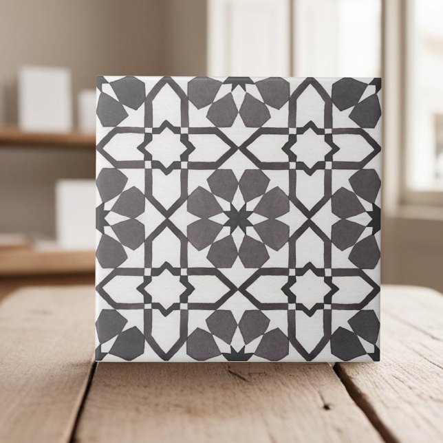 Hand painted geometric black white moroccan ethnic ceramic tile (Creator Uploaded)