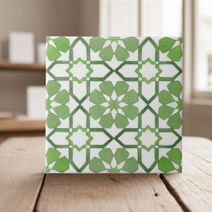 Hand painted geometric green moroccan ethnic ceramic tile
