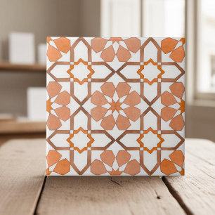 Hand painted geometric orange moroccan ethnic ceramic tile