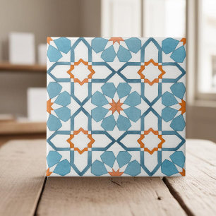 Hand painted geometric teal blue moroccan ethnic ceramic tile