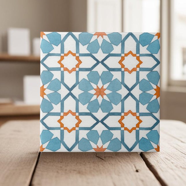 Hand painted geometric teal blue moroccan ethnic ceramic tile (Creator Uploaded)