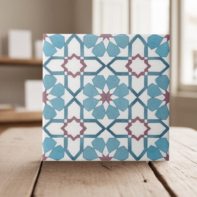 Hand painted geometric teal blue moroccan ethnic ceramic tile (Creator Uploaded)