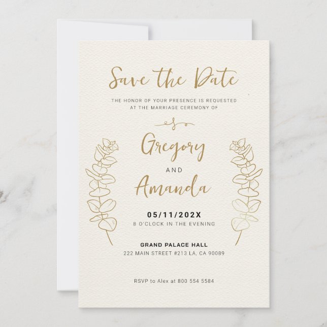 Hand Painted Gold Leaves Frame Save-The-Date Invitation (Front)