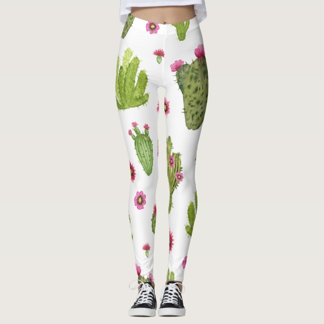 Hand Painted Green Cactus Pattern Leggings (Front)