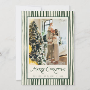 Hand Painted Green Stripe Christmas Family Photo Holiday Card