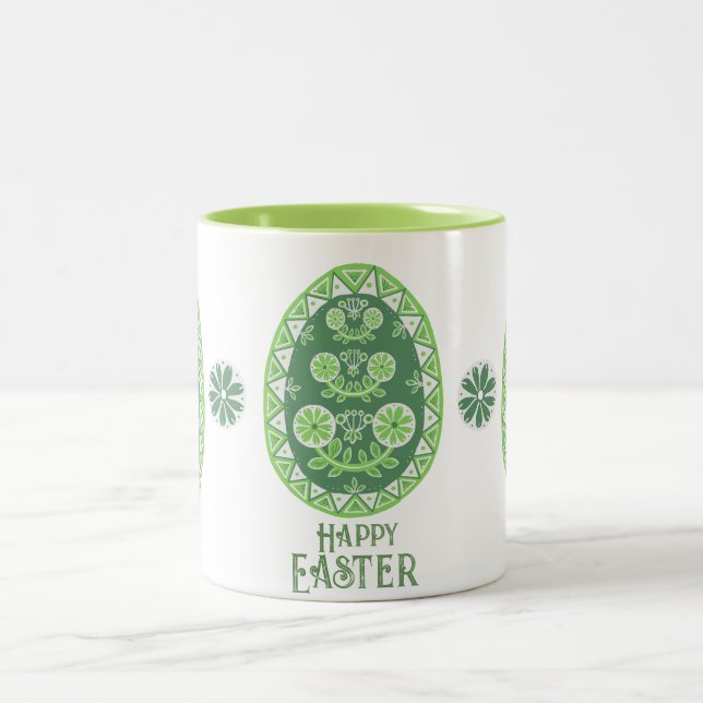 Hand-Painted Green Symbolic Ukrainian Easter Egg Two-Tone Coffee Mug (Center)
