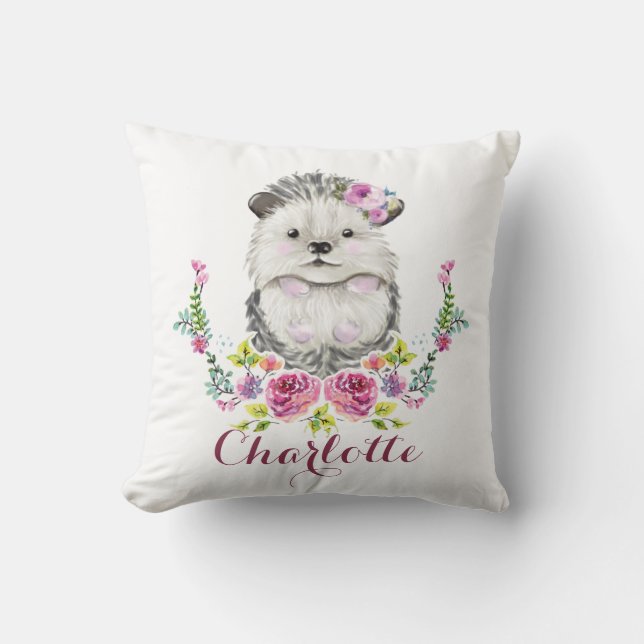 Hand painted Hedgehog floral Personalised Cushion (Front)