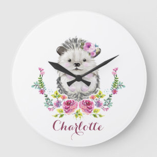 Hand painted Hedgehog floral Personalised Large Clock