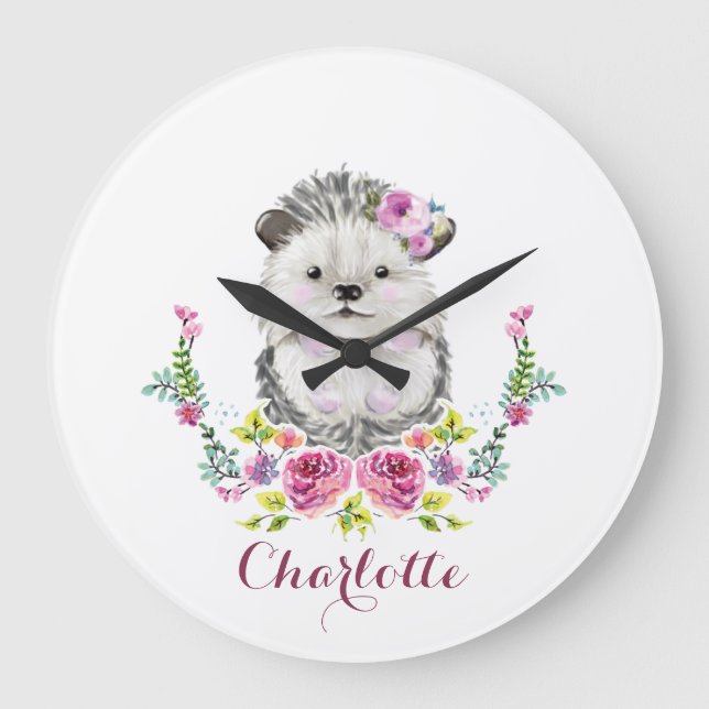 Hand painted Hedgehog floral Personalised Large Clock (Front)