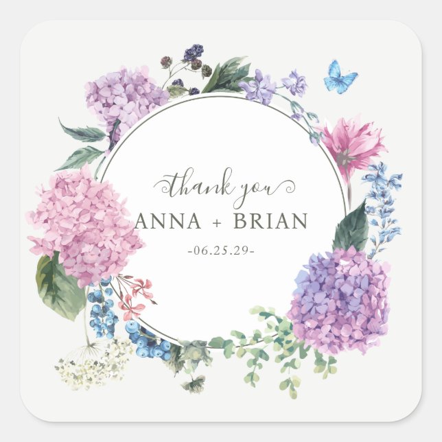 Hand-painted Hydrangea Floral Wedding Thank You Square Sticker (Front)
