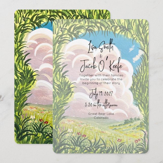 Hand painted illustrated Landscape Wedding Invitation (Front/Back)