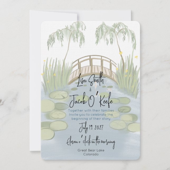 Hand painted illustrated Lilypads Wedding Invitation (Front)